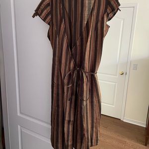 Brown Linen Striped Wrap Dress